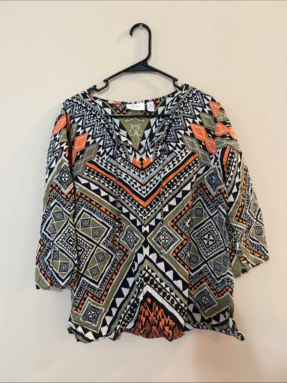 Chico's Olive Black Orange Geometric V-Neck Blouse